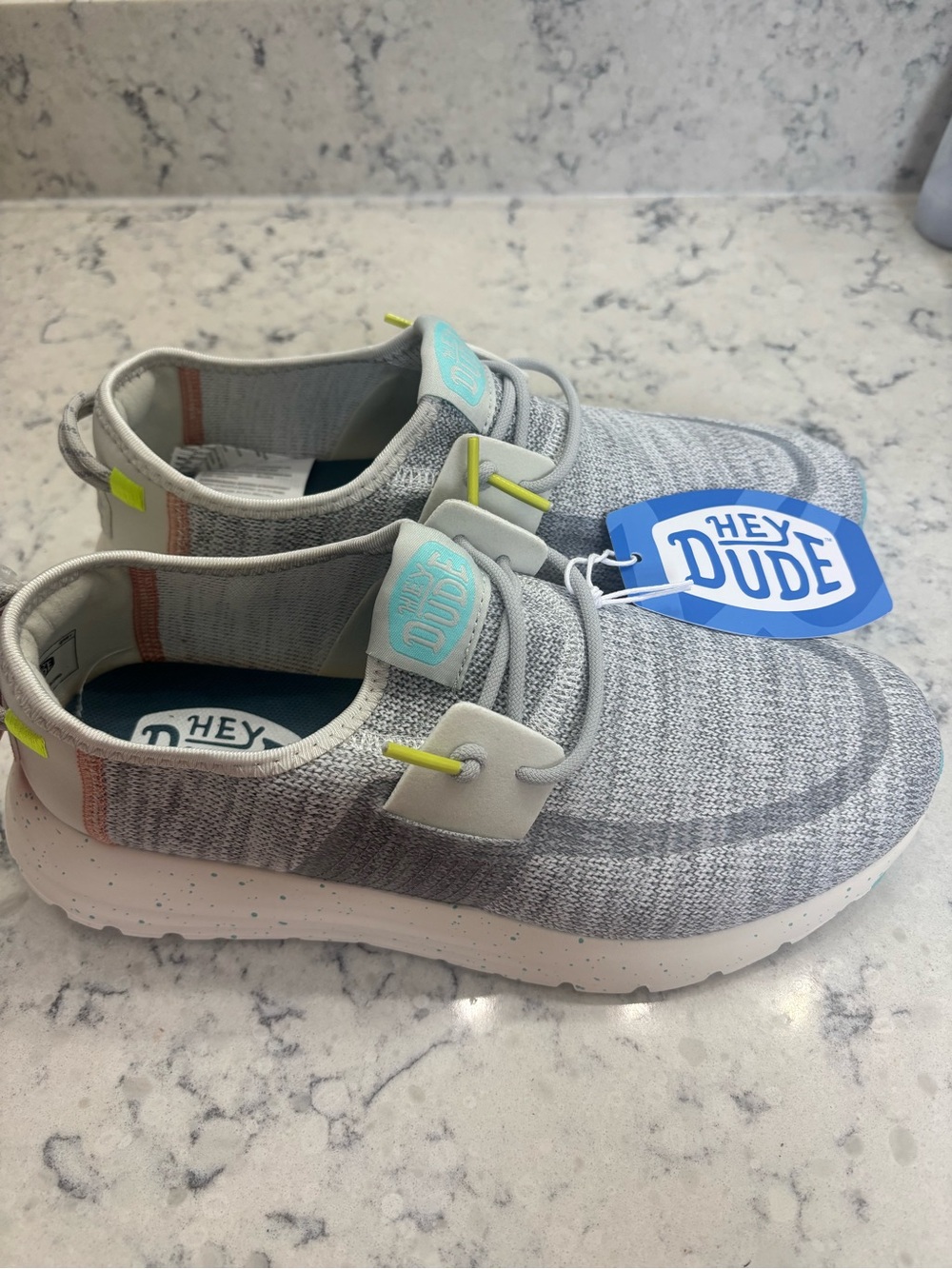 Hey Dude women’s  Knit Slip-On Shoes - Light Gray with Aqua Accents size 8